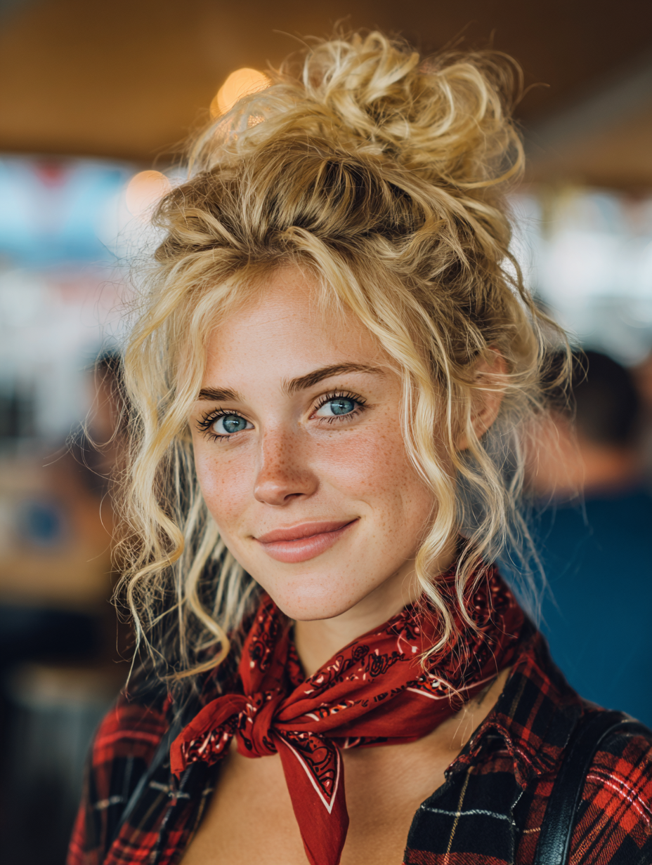 Festival Hairstyles: Messy Top Knot with Scarf