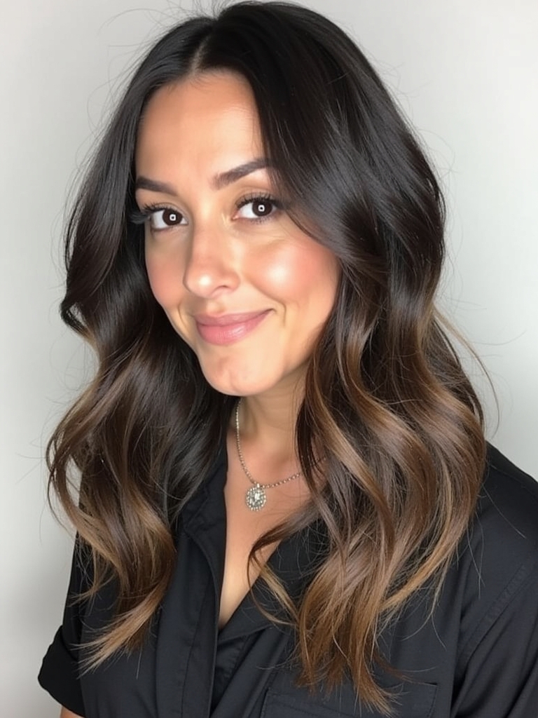 Hair Color Ideas For Brunettes: Muted Brown with Peachy Highlights