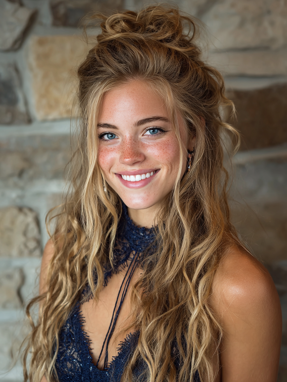 Graduation Hairstyles: Curled Half Up Half Down Bun Prom Hair For Gradution