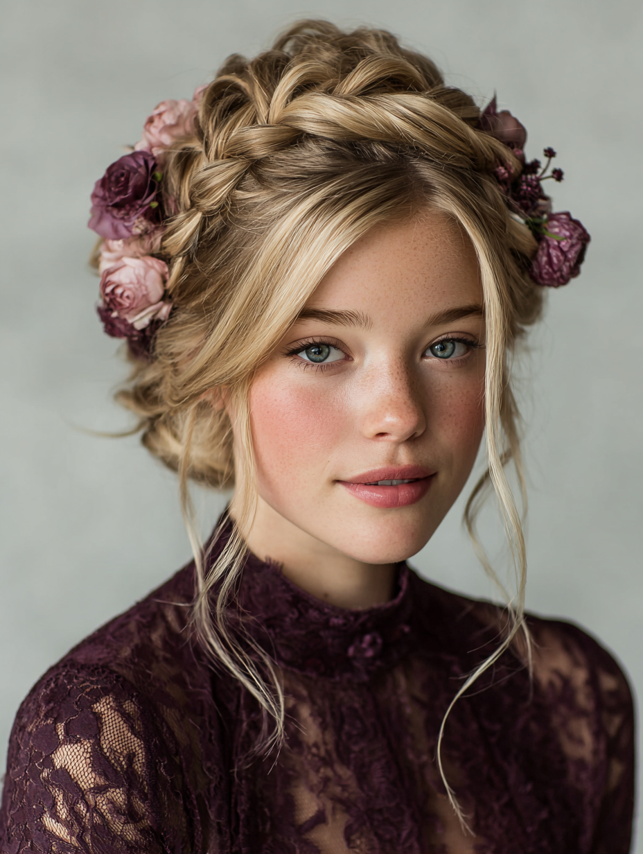 Graduation Hairstyles: Flowers Added to a Braided Updo for Graduation