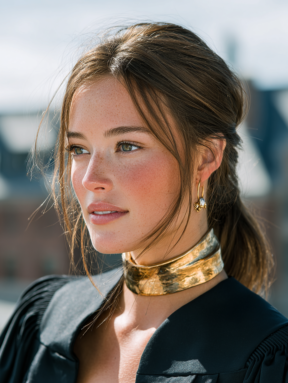 Grad Hairstyles: Sleek Low Ponytail with Gold Hair Cuff for Graduation