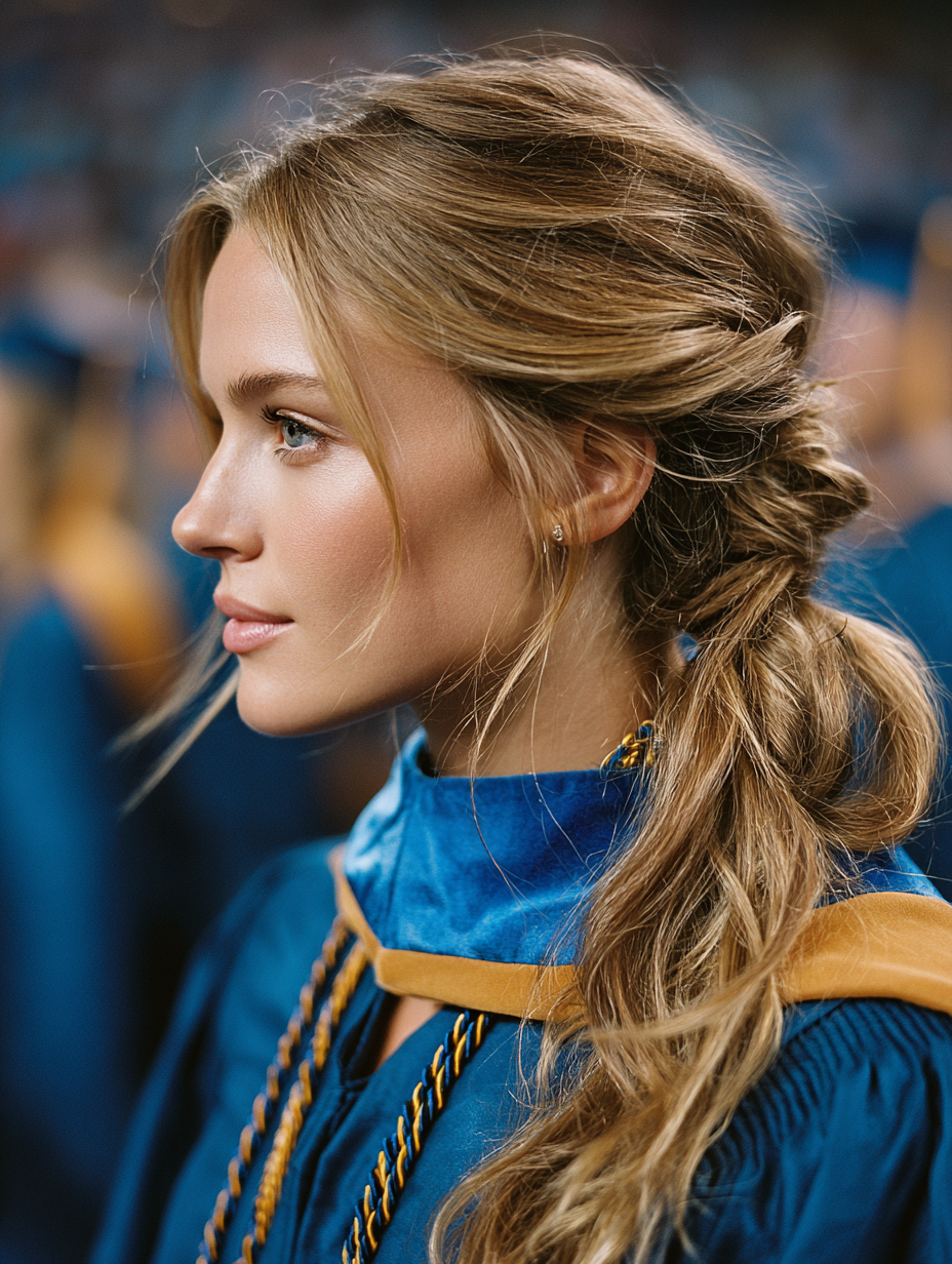 Graduation Hairstyles With Cap: Accessorized Low Ponytail