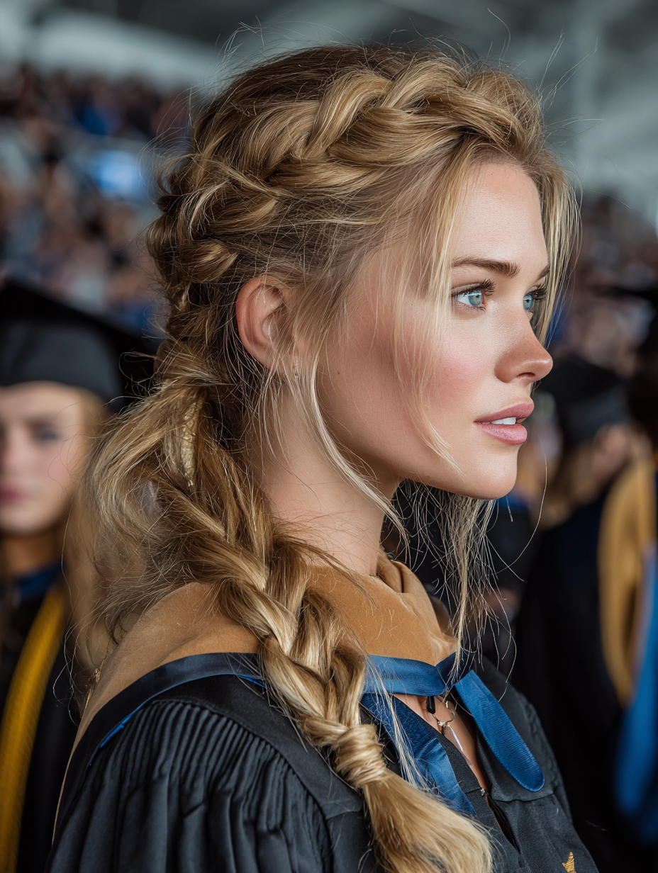 Graduation Hairstyles With Cap: Double Braids Into Low Ponytail