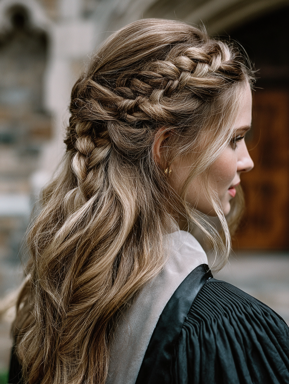 Graduation Hairstyles With Cap: Half-Up Half-Down with Braids