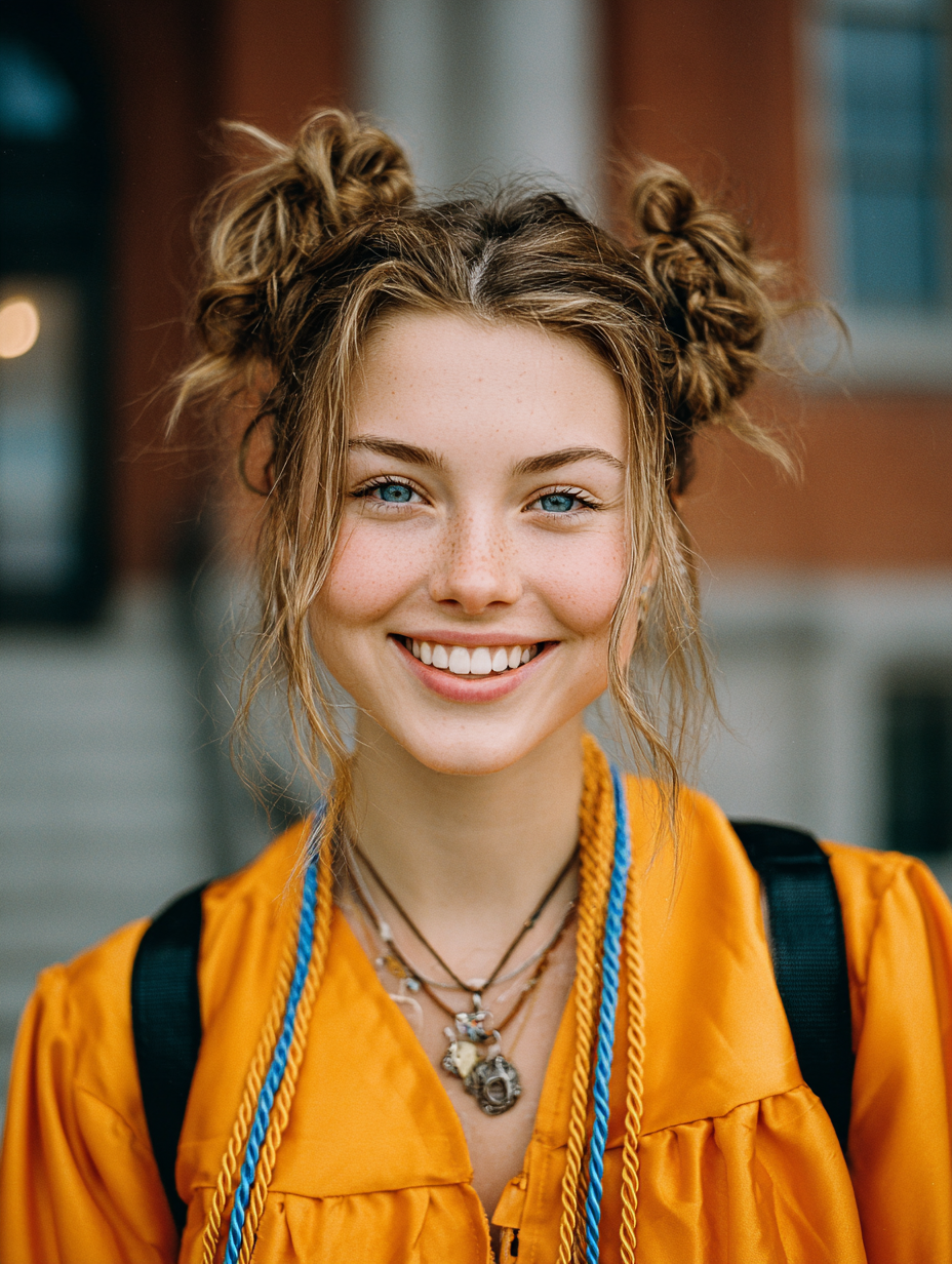 Graduation Hairstyles With Cap: Half-Up Space Buns