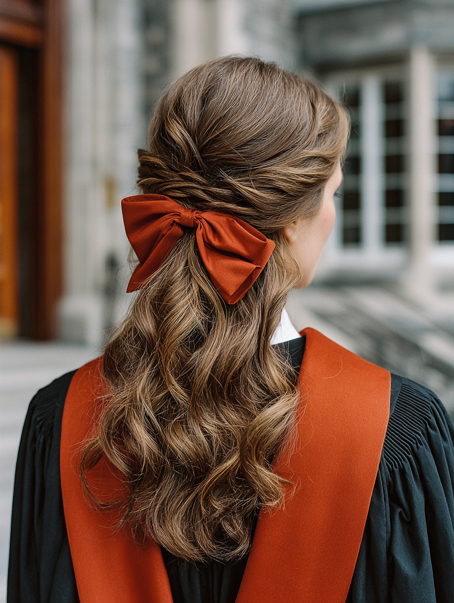 Graduation Hairstyles With Cap: Half-Updo With A Bow