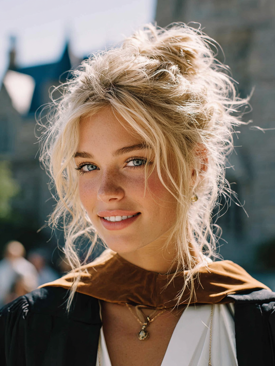 Graduation Hairstyles With Cap: Messy Top Knot